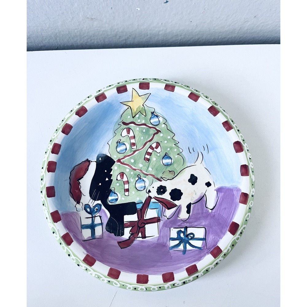 VINTAGE CHRISTMAS CAT & PUPPY HOLIDAY CERAMIC PLATE‎  HAND PAINTED HAUSENWARE